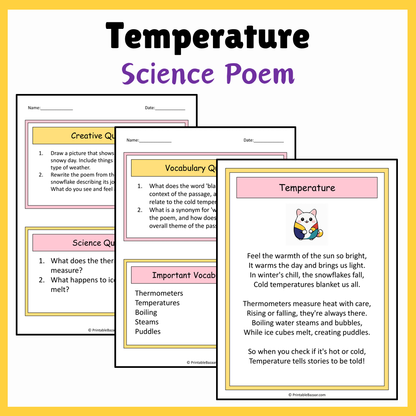 Temperature | Science Poem Reading Comprehension Activity