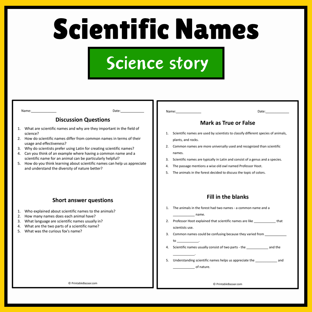 Scientific Names | Science Story Reading Comprehension Activity