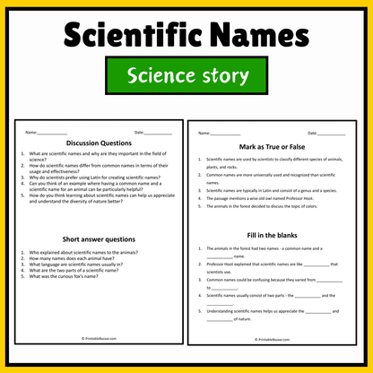 Scientific Names | Science Story Reading Comprehension Activity