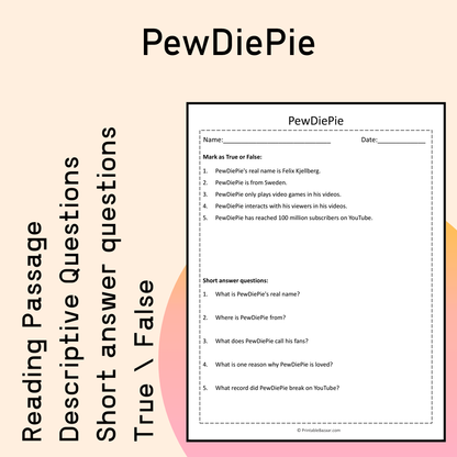 PewDiePie | Reading Comprehension Passage Printable Activity
