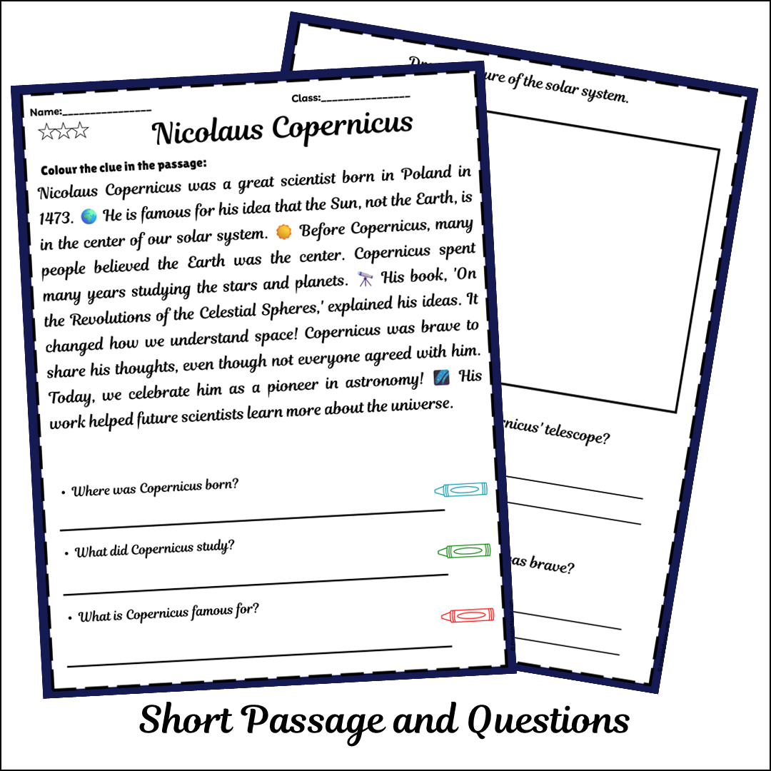 Nicolaus Copernicus | Short Reading Comprehension Creative Worksheet