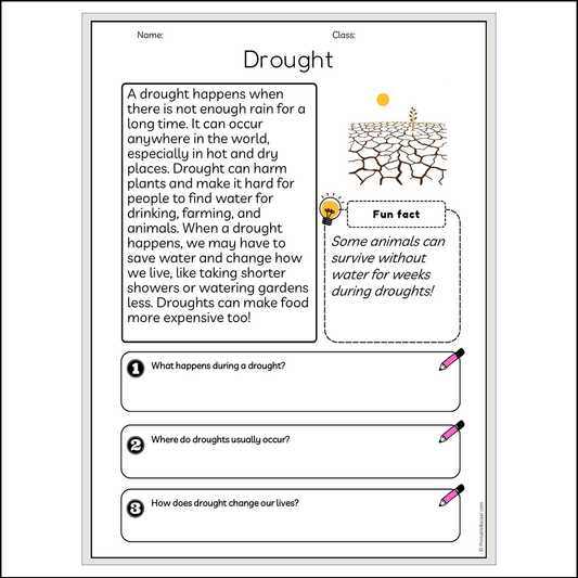 Drought | Reading Passage Comprehension Questions Writing Facts Worksheet