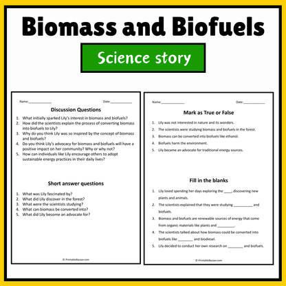 Biomass and Biofuels | Science Story Reading Comprehension Activity
