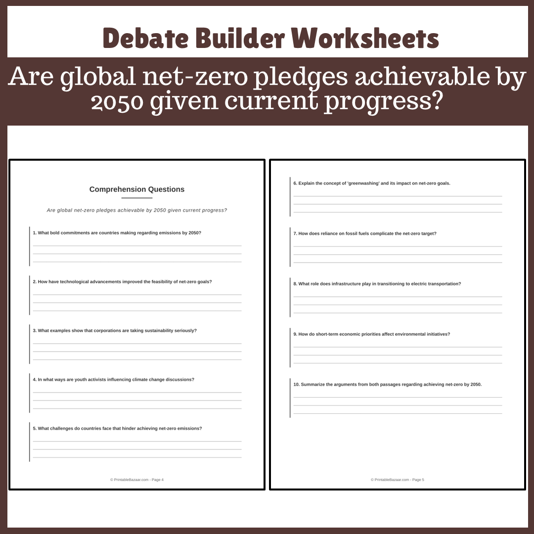 Are global net-zero pledges achievable by 2050 given current progress? | Favour and Against Worksheet Printable Activity