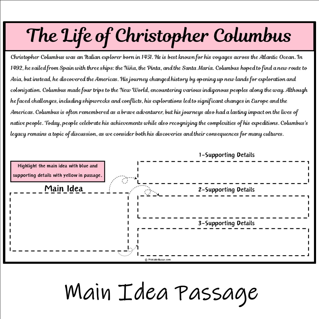 The Life of Christopher Columbus | Main Idea and Supporting Details Reading Passage and Questions