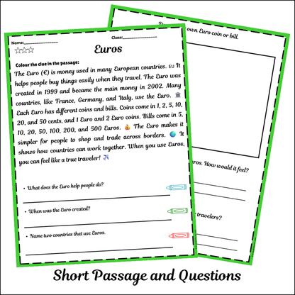 Euros | Short Reading Comprehension Creative Worksheet