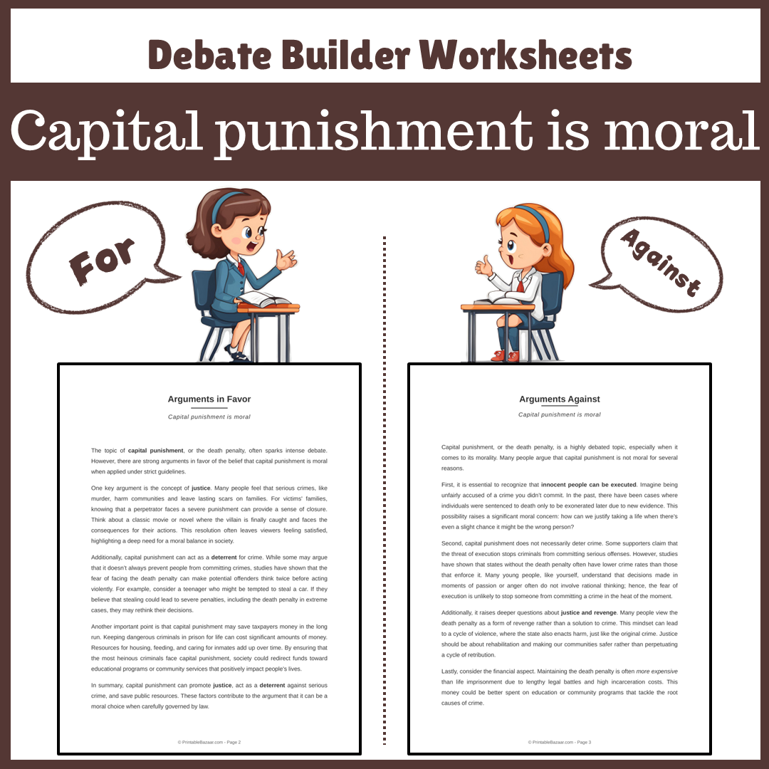 Capital punishment is moral | Favour and Against Worksheet Printable Activity