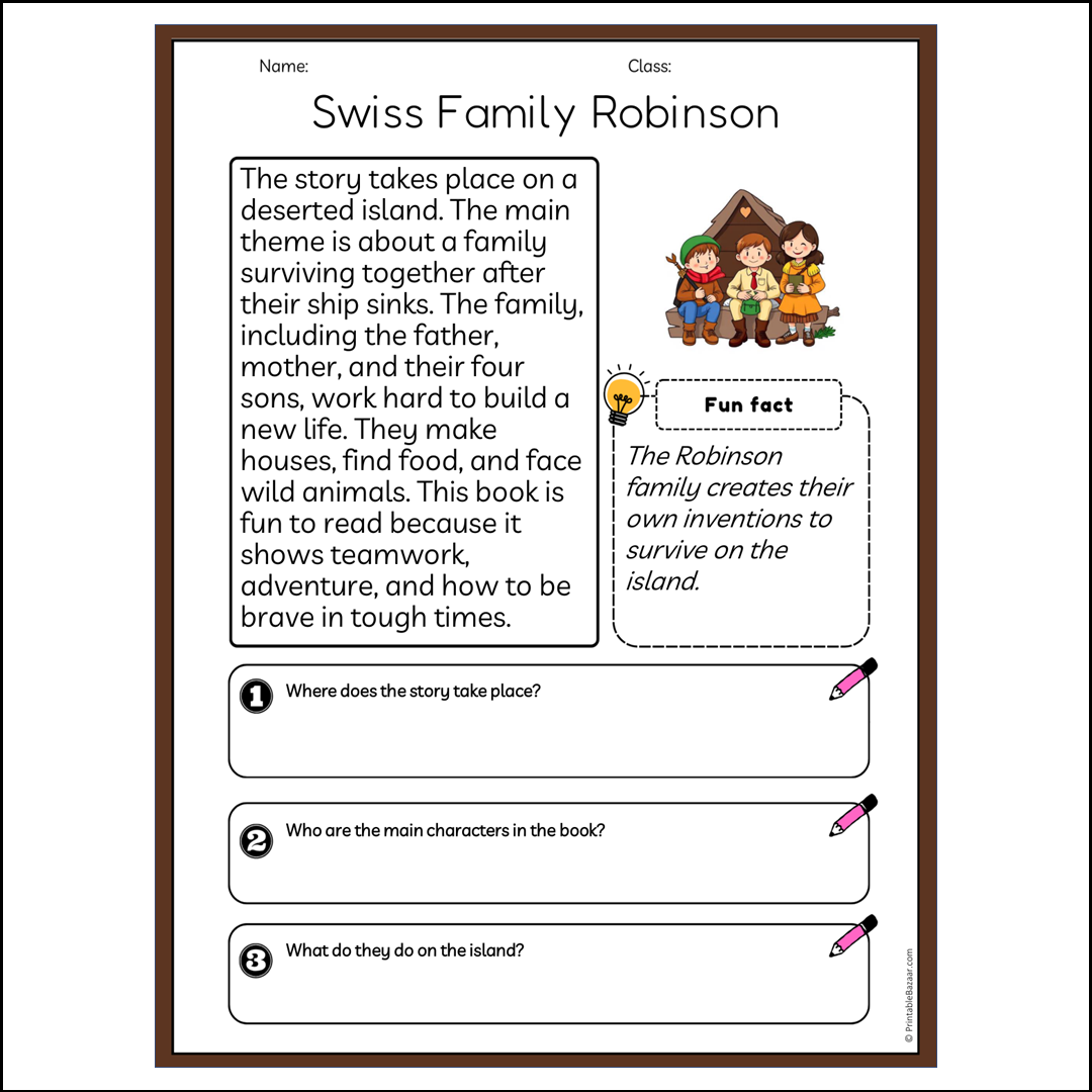 Swiss Family Robinson | Reading Passage Comprehension Questions Writing Facts Worksheet