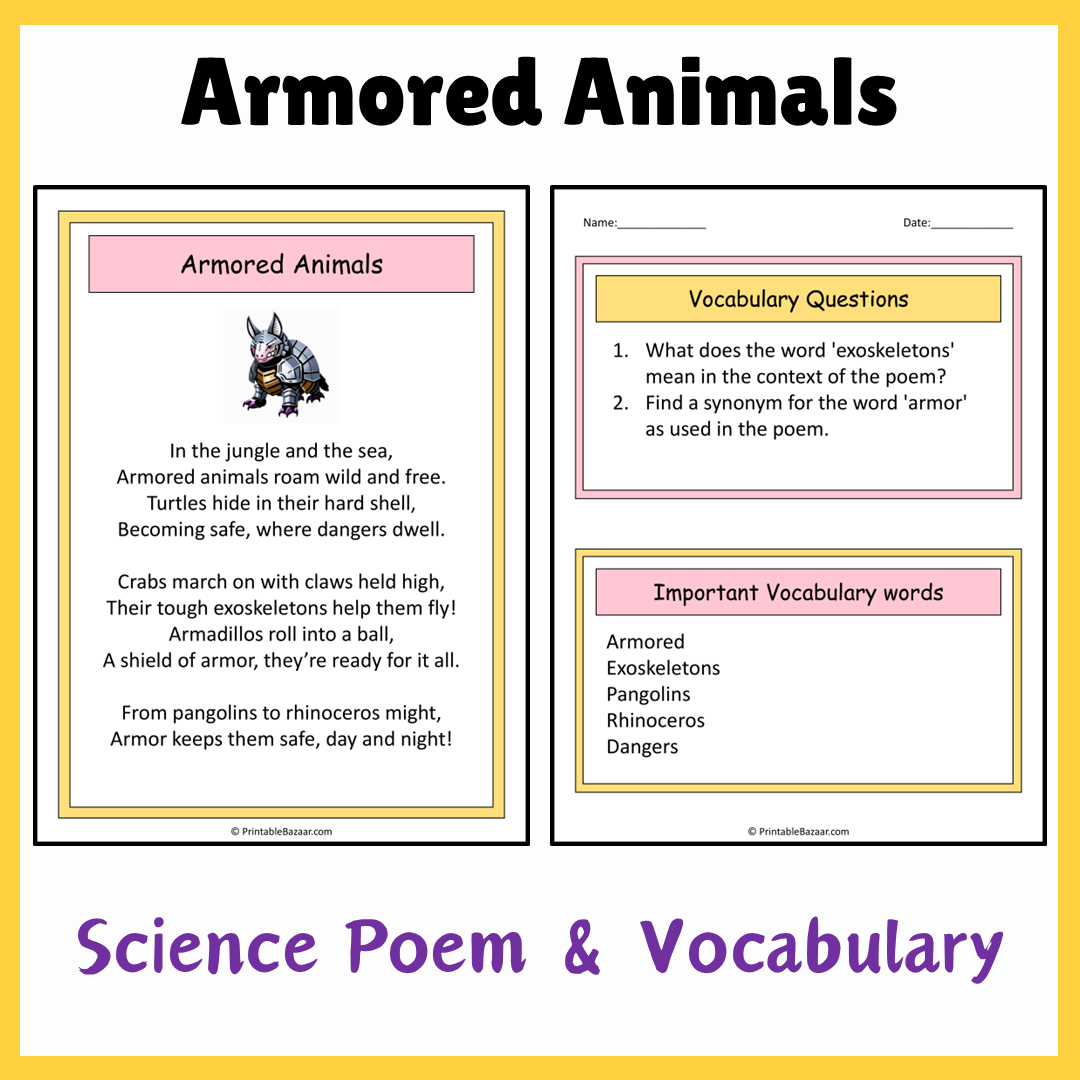 Armored Animals | Science Poem Reading Comprehension Activity