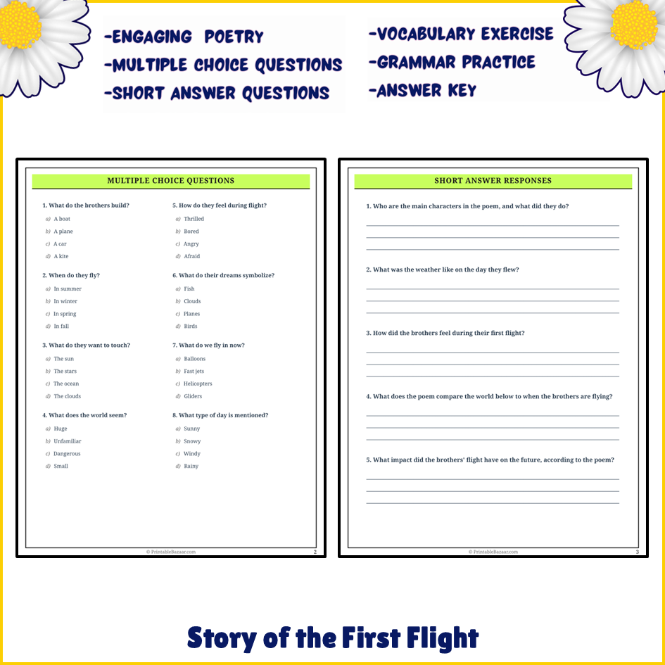 Story of the First Flight | Poem Grammar Worksheet Printable Activity