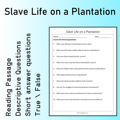 Slave Life on a Plantation | Reading Comprehension Passage Printable Worksheet