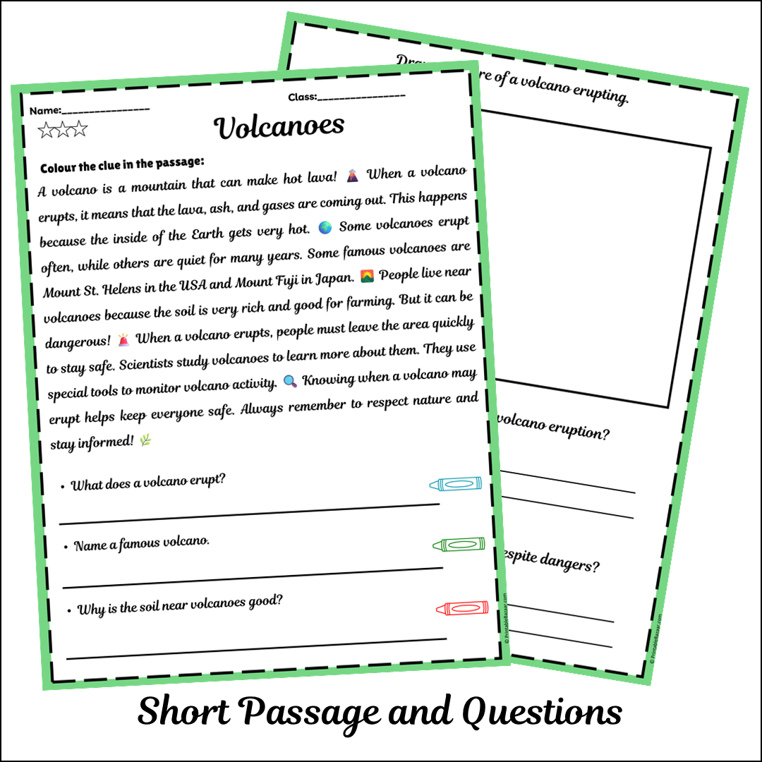 Volcanoes | Short Reading Comprehension Creative Worksheet