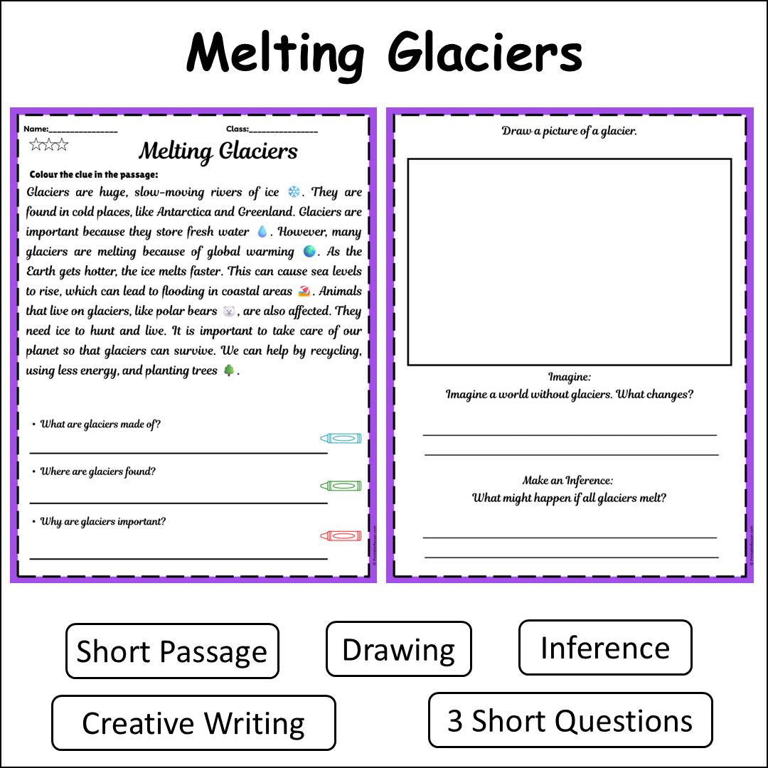 Melting Glaciers | Short Reading Comprehension Creative Worksheet