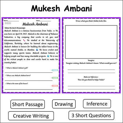Mukesh Ambani | Short Reading Comprehension Creative Worksheet