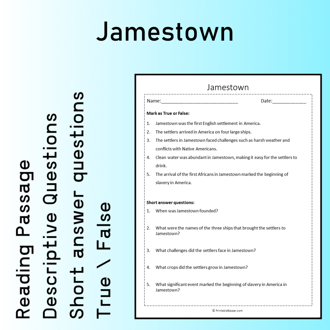 Jamestown | Reading Comprehension Passage Printable Worksheet