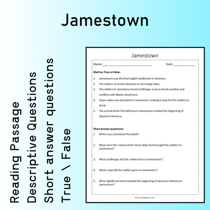 Jamestown | Reading Comprehension Passage Printable Worksheet