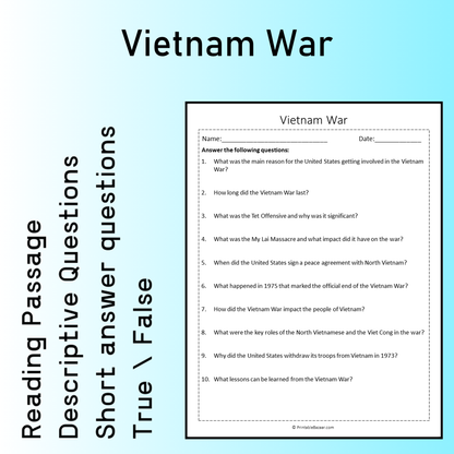 Vietnam War | Reading Comprehension Passage Printable Worksheet