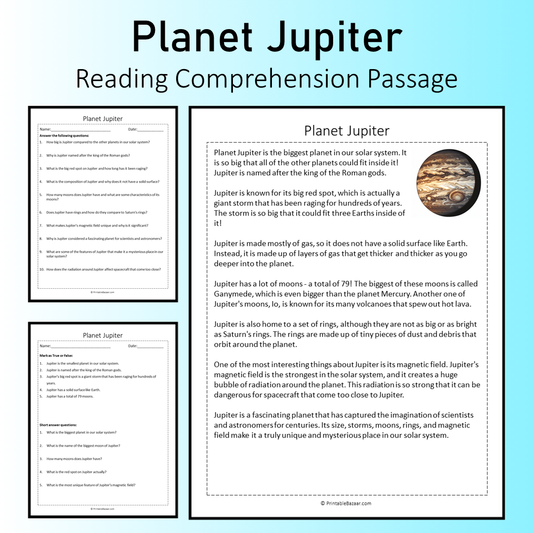 Planet Jupiter | Reading Comprehension Passage Printable Worksheet