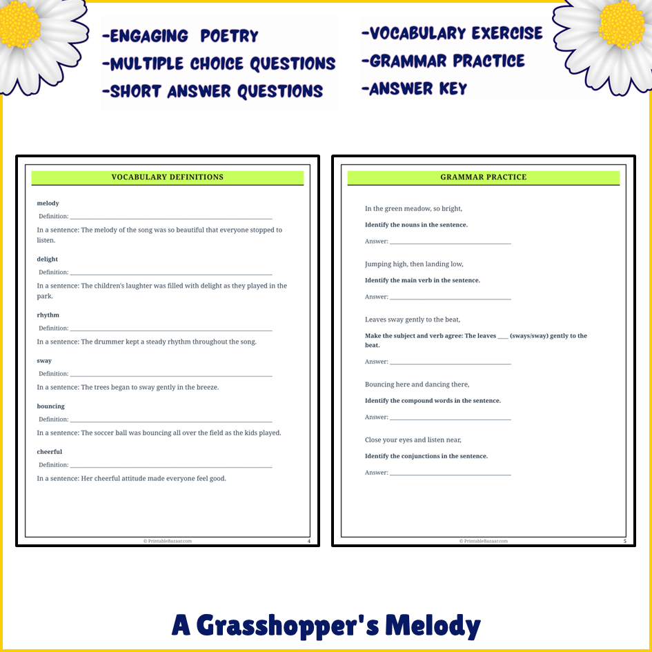 A Grasshopper's Melody | Poem Grammar Worksheet Printable Activity