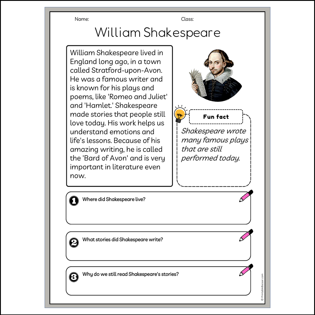 William Shakespeare | Reading Passage Comprehension Questions Writing Facts Worksheet