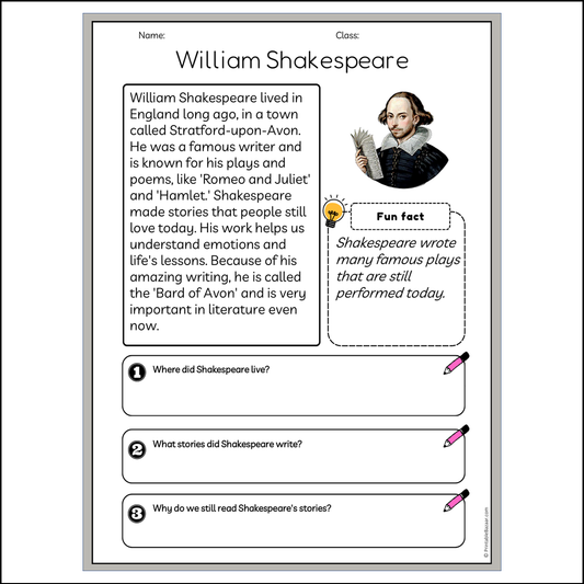 William Shakespeare | Reading Passage Comprehension Questions Writing Facts Worksheet