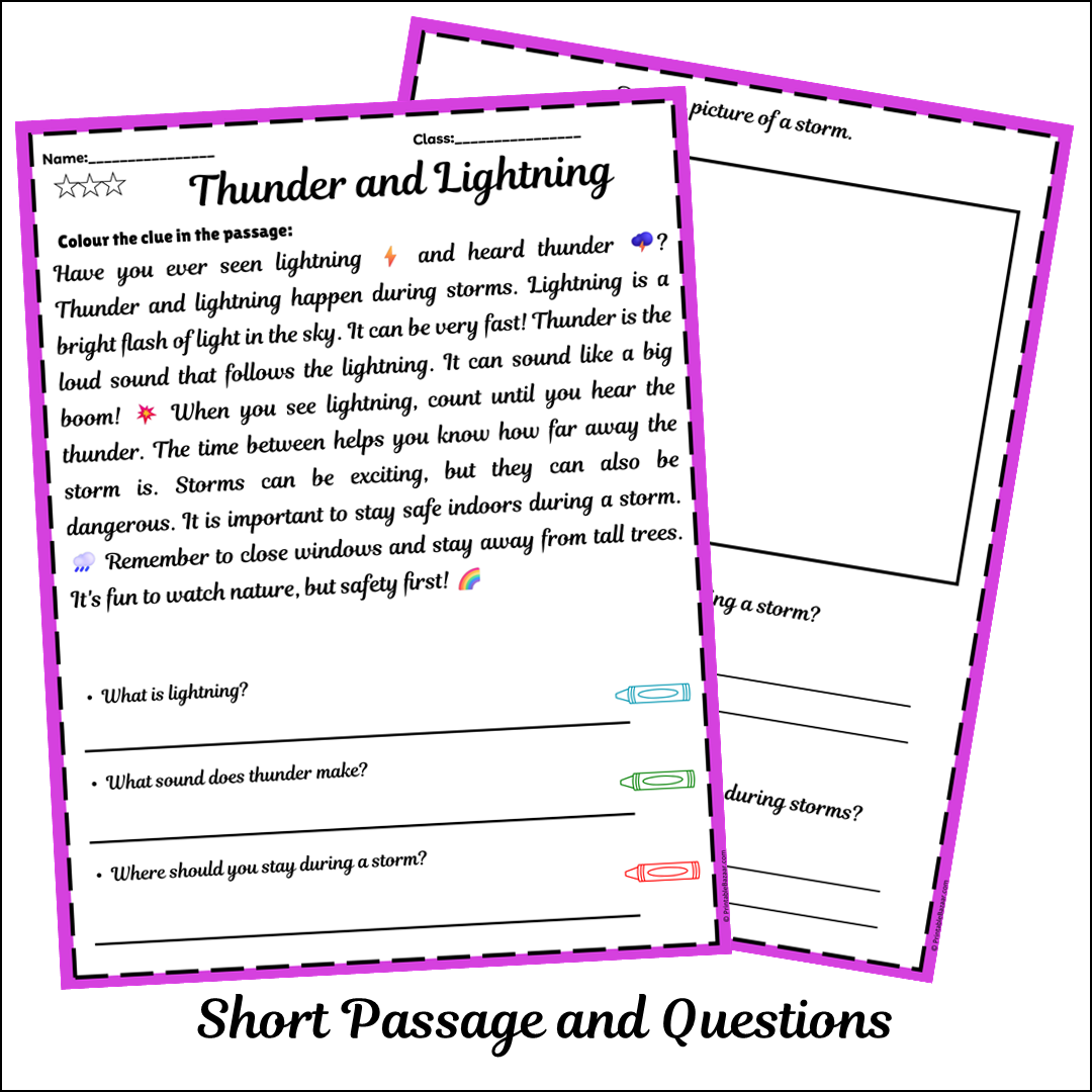 Thunder and Lightning | Short Reading Comprehension Creative Worksheet