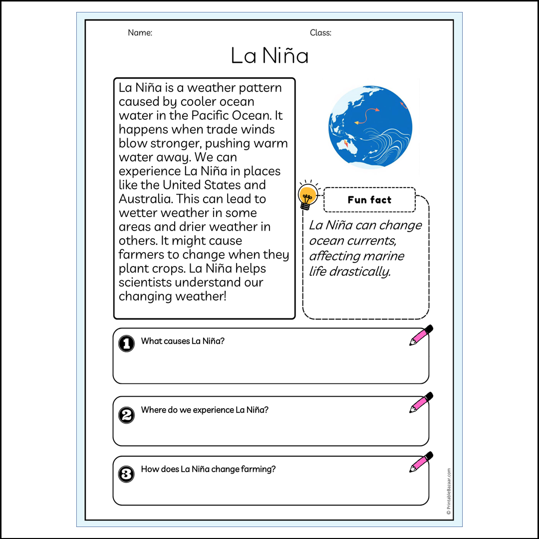 La Niña | Reading Passage Comprehension Questions Writing Facts Worksheet