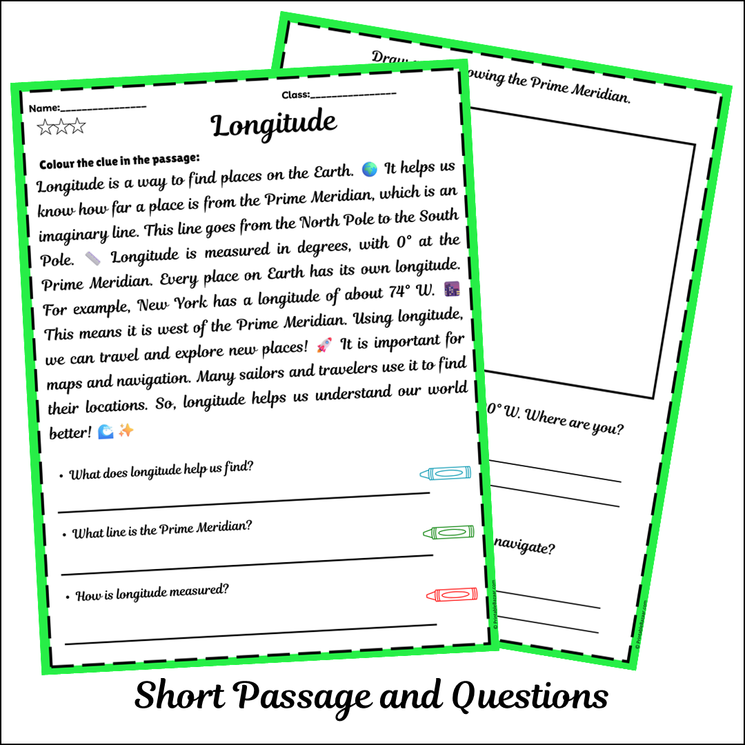 Longitude | Short Reading Comprehension Creative Worksheet
