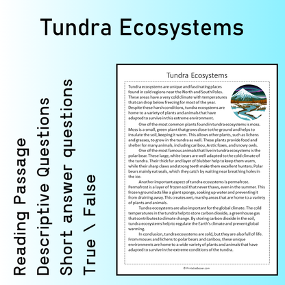 Tundra Ecosystems | Reading Comprehension Passage Printable Worksheet