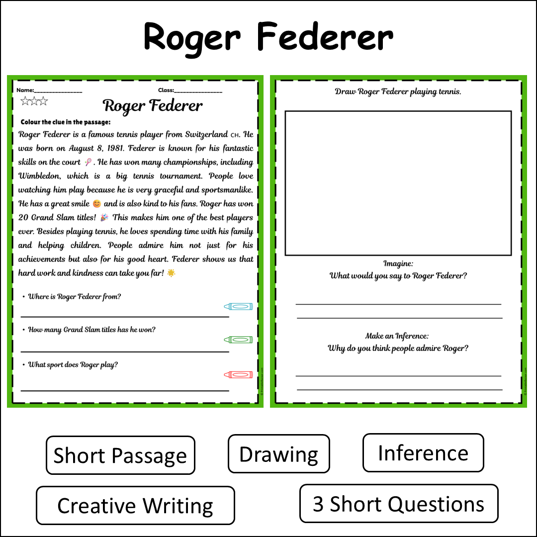 Roger Federer | Short Reading Comprehension Creative Worksheet