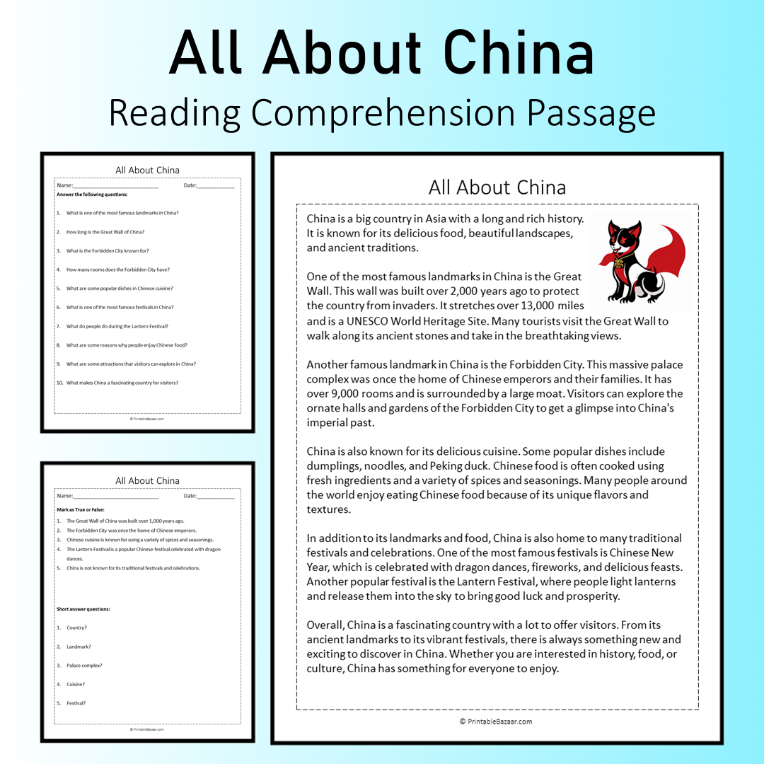 All About China | Reading Comprehension Passage Printable Worksheet