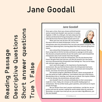 Jane Goodall | Reading Comprehension Passage Printable Activity