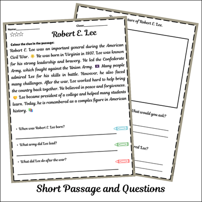 Robert E. Lee | Short Reading Comprehension Creative Worksheet