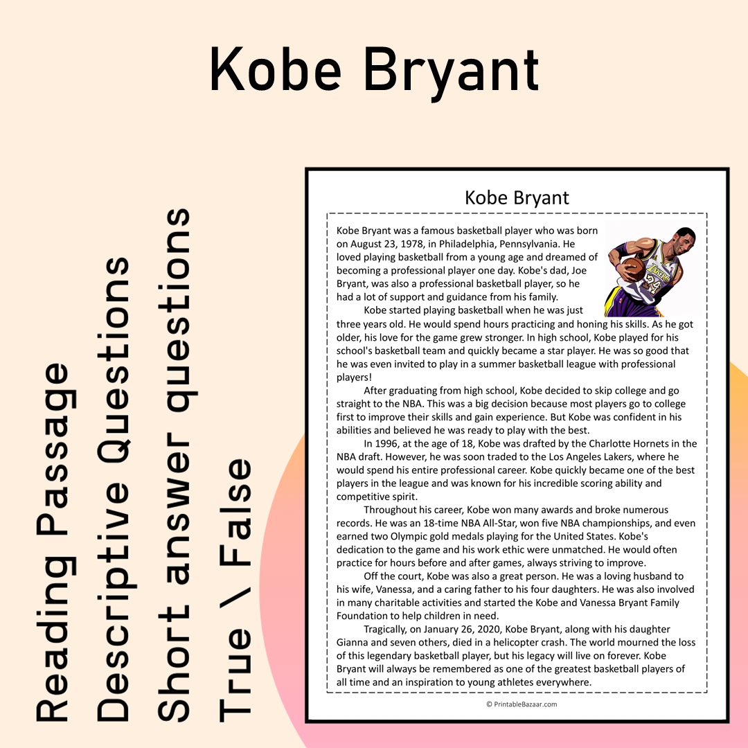 Kobe Bryant | Reading Comprehension Passage Printable Activity
