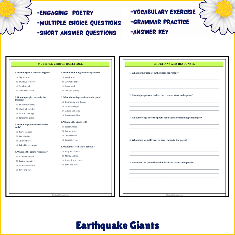 Earthquake Giants | Poem Grammar Worksheet Printable Activity