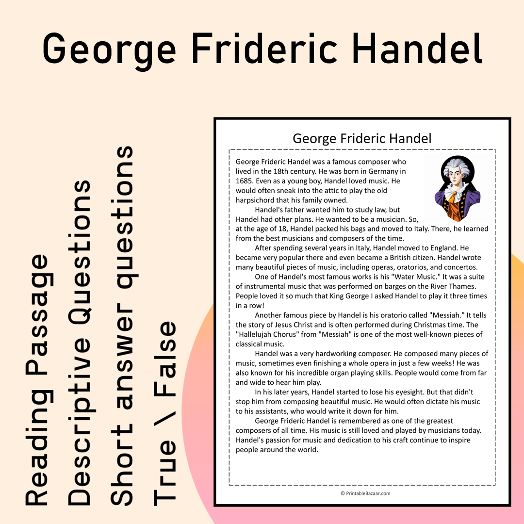 George Frideric Handel | Reading Comprehension Passage Printable Activity