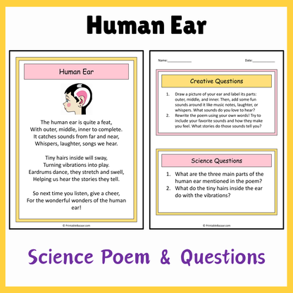 Human Ear | Science Poem Reading Comprehension Activity