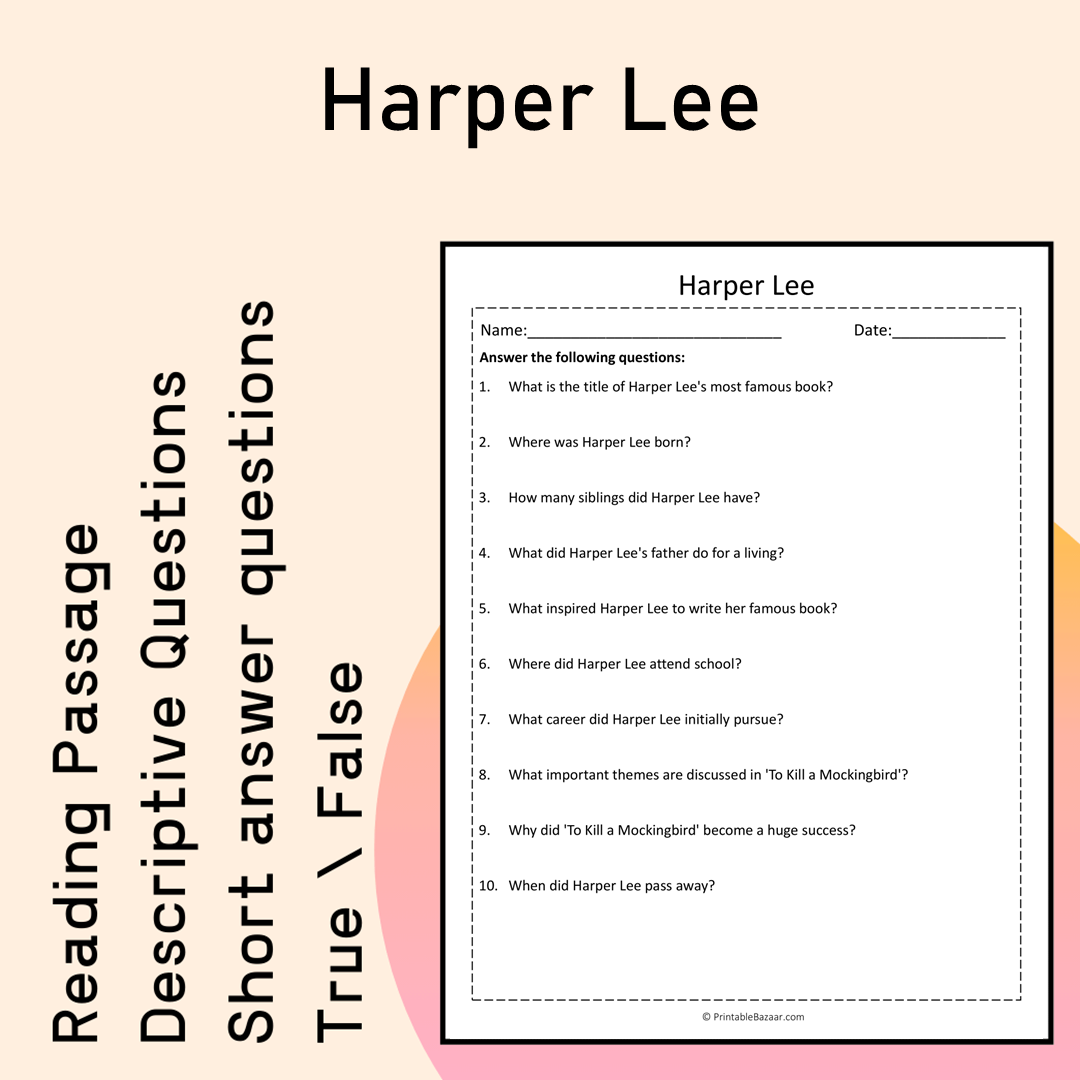 Harper Lee | Reading Comprehension Passage Printable Activity