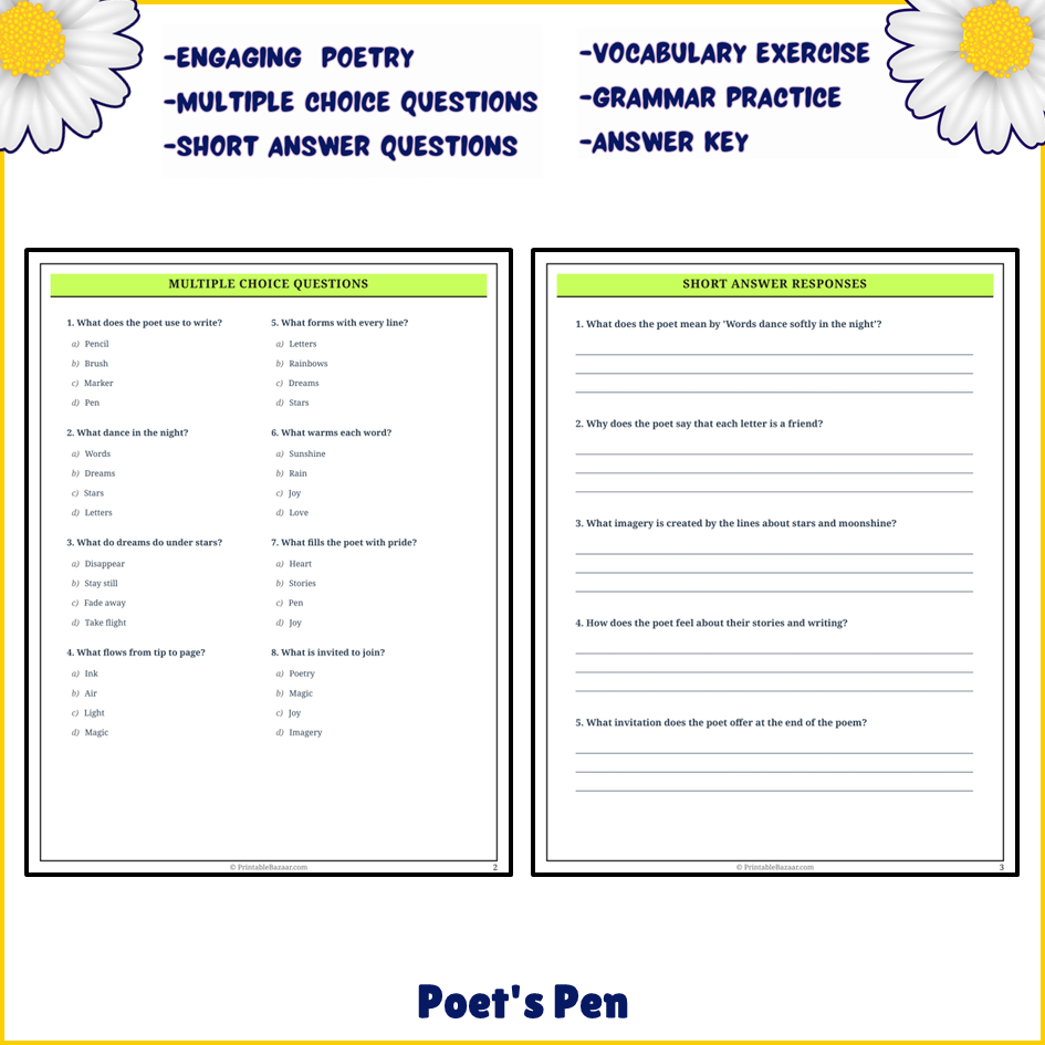 Poet's Pen | Poem Grammar Worksheet Printable Activity