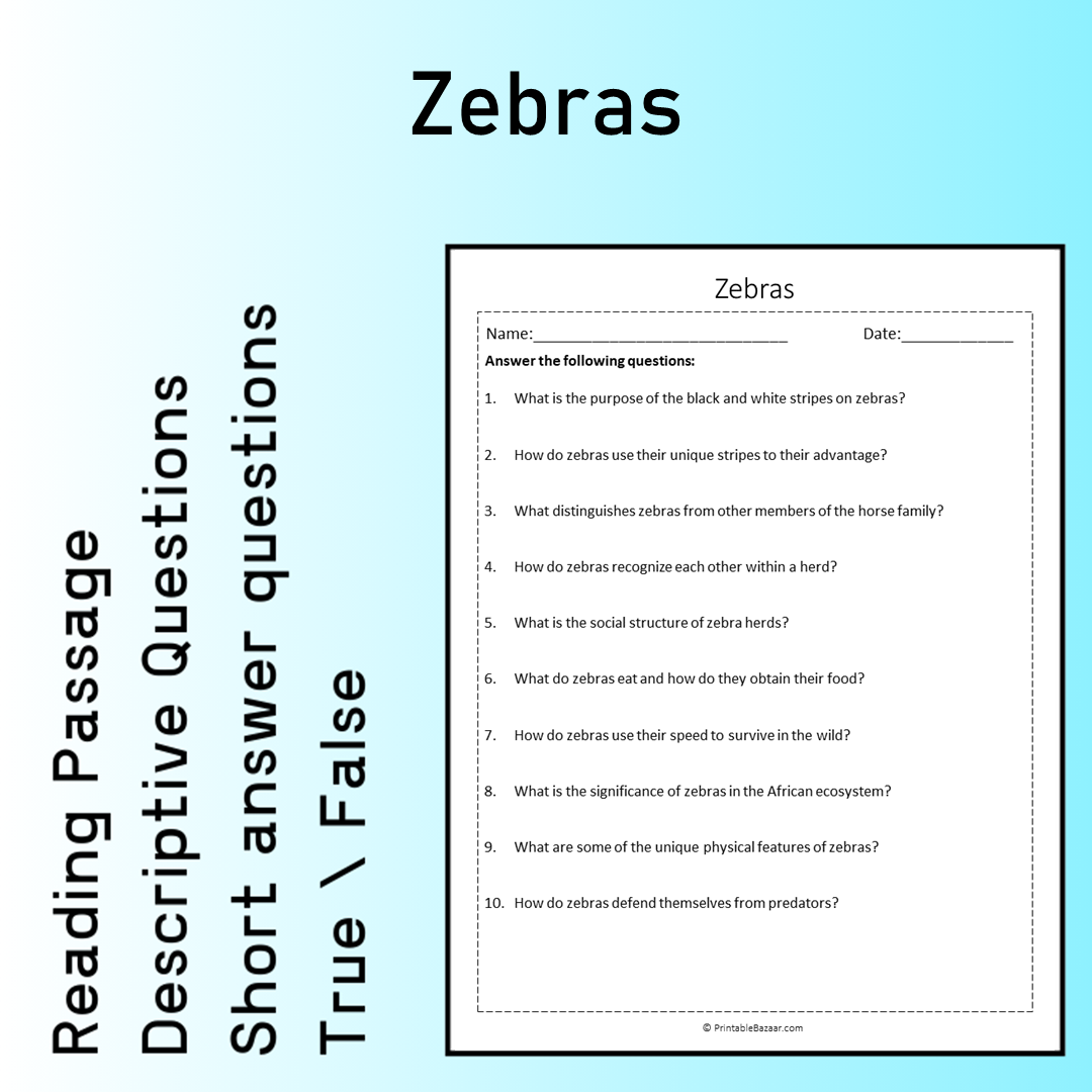 Zebras | Reading Comprehension Passage Printable Worksheet