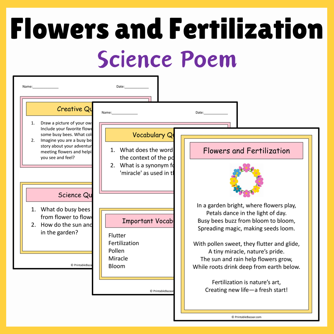 Flowers and Fertilization | Science Poem Reading Comprehension Activity