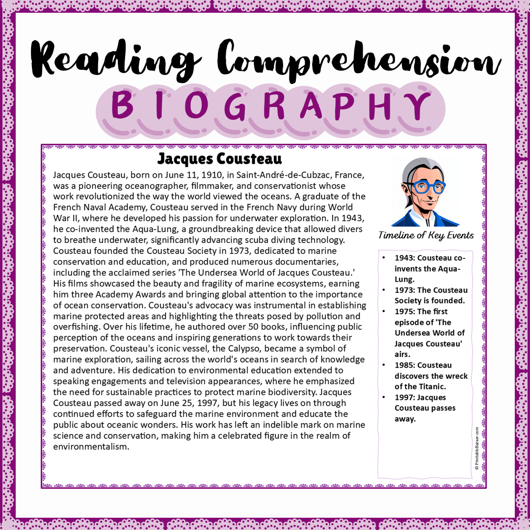 Jacques Cousteau | Biography Reading Comprehension and Questions Worksheet