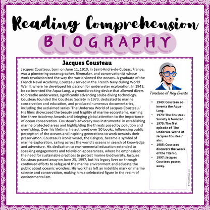 Jacques Cousteau | Biography Reading Comprehension and Questions Worksheet