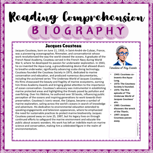 Jacques Cousteau | Biography Reading Comprehension and Questions Worksheet