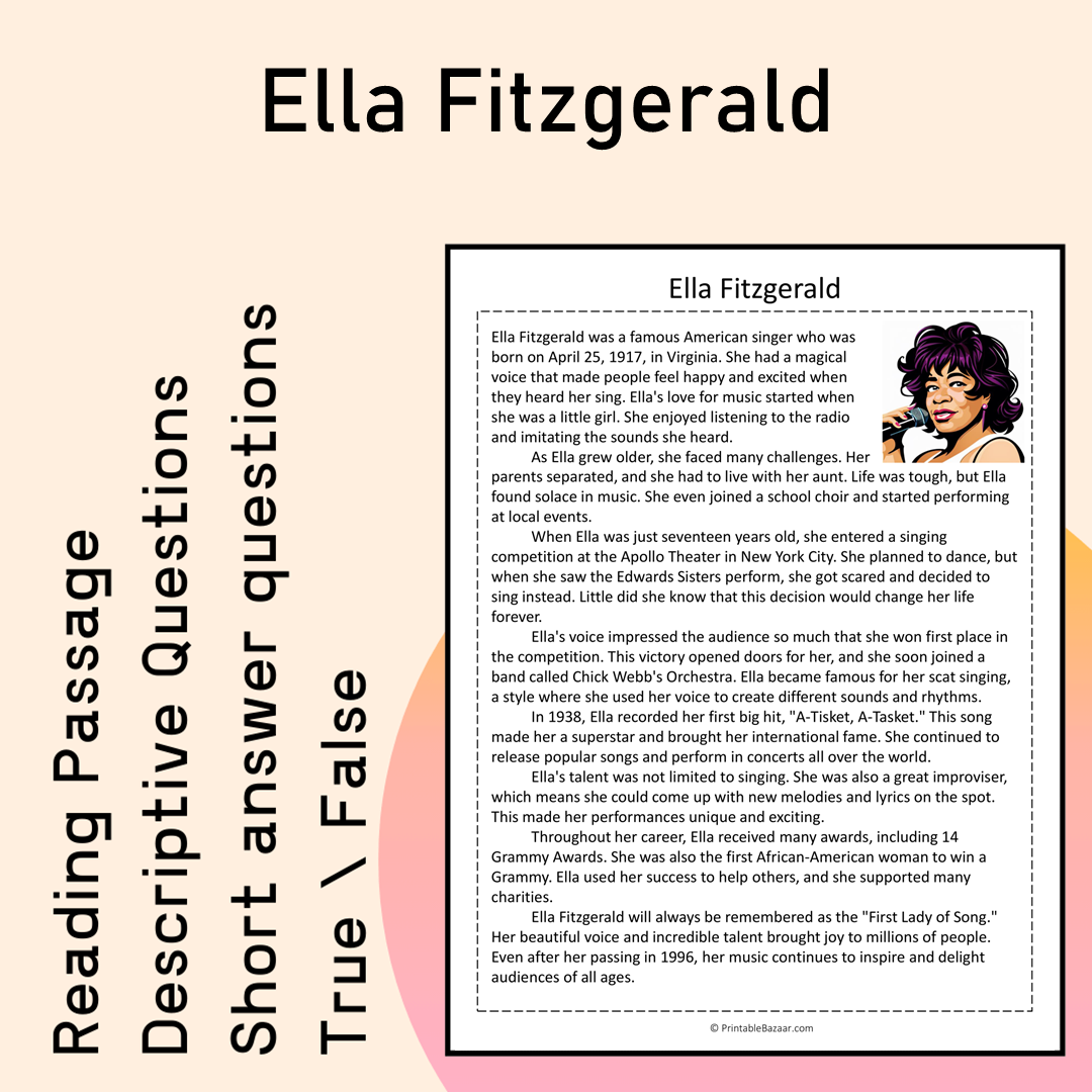 Ella Fitzgerald | Reading Comprehension Passage Printable Activity