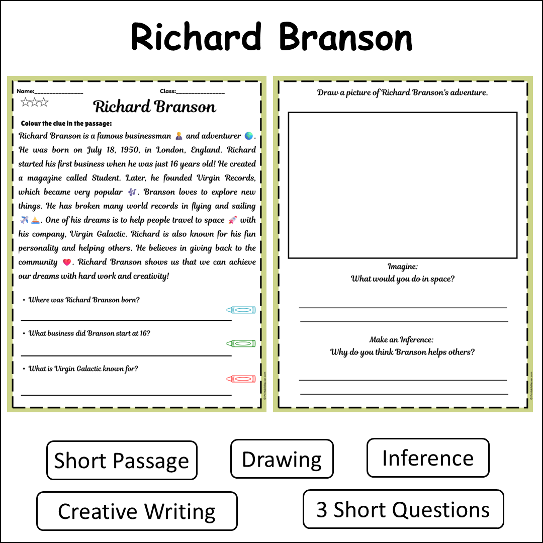 Richard Branson | Short Reading Comprehension Creative Worksheet