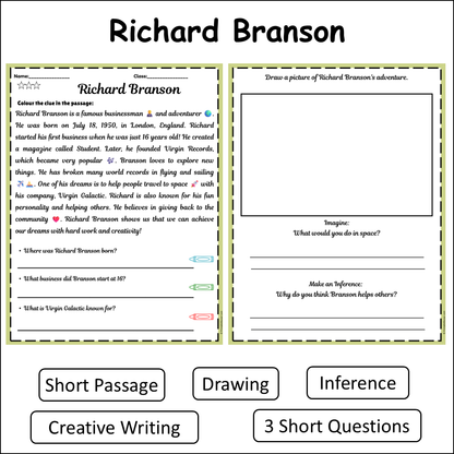 Richard Branson | Short Reading Comprehension Creative Worksheet