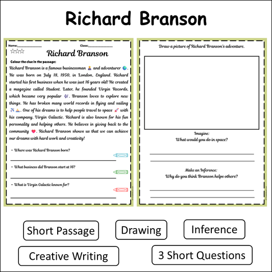 Richard Branson | Short Reading Comprehension Creative Worksheet