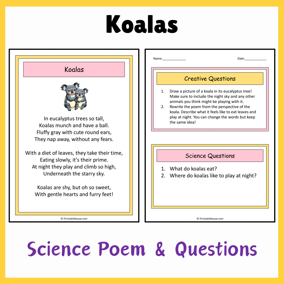 Koalas | Science Poem Reading Comprehension Activity