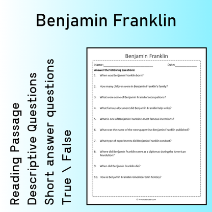 Benjamin Franklin | Reading Comprehension Passage Printable Worksheet
